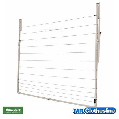 Austral Standard Fold Down Clothesline folded agains a white wall.