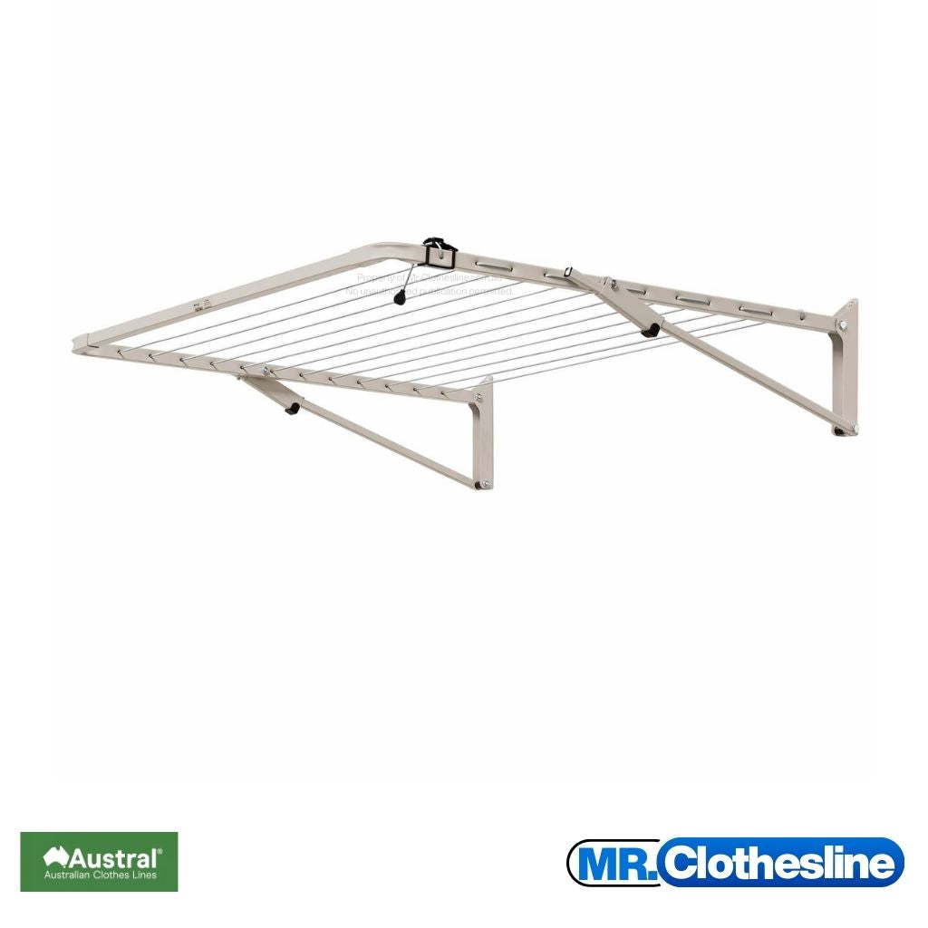 Austral Unit Line  Fold Down Clothesline fully open on a white background.  Colour of clothesline is Dune.