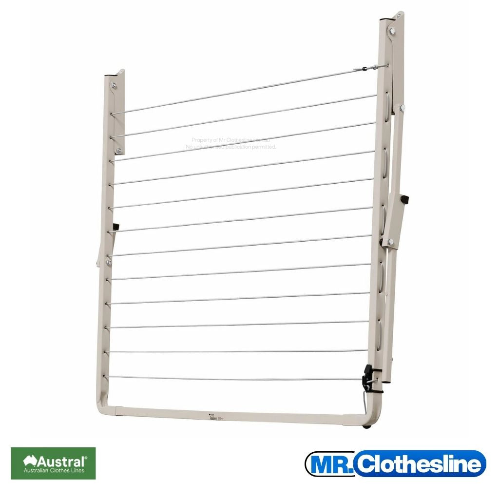 Austral Unit Line  Fold  Down Clothesline front view and the clothesline closed flat against a white wall.