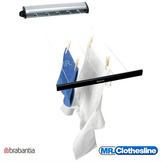 Brabantia indoor  retractable clothesline extended with washing pegged to the lines.