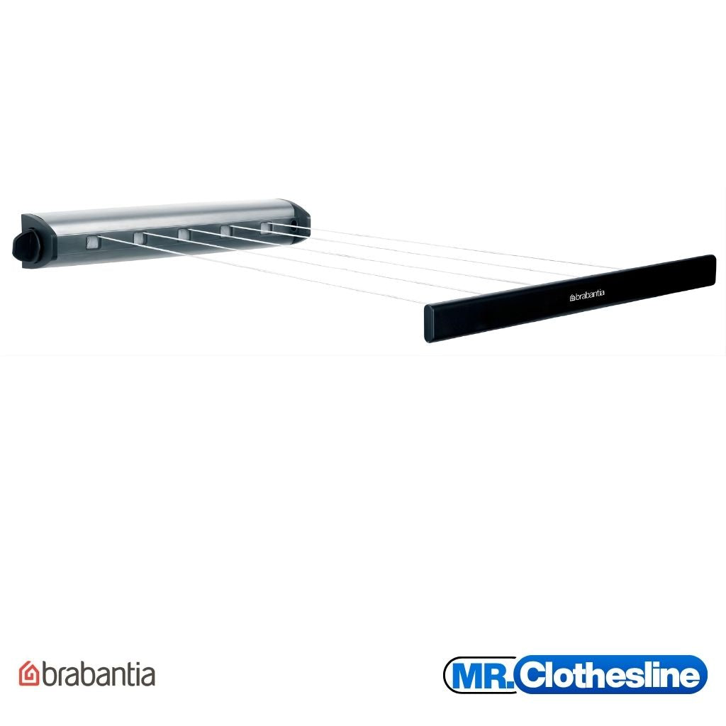 Retractable clothesline open showing all five lines. stainless steel housing with black plastic parts.