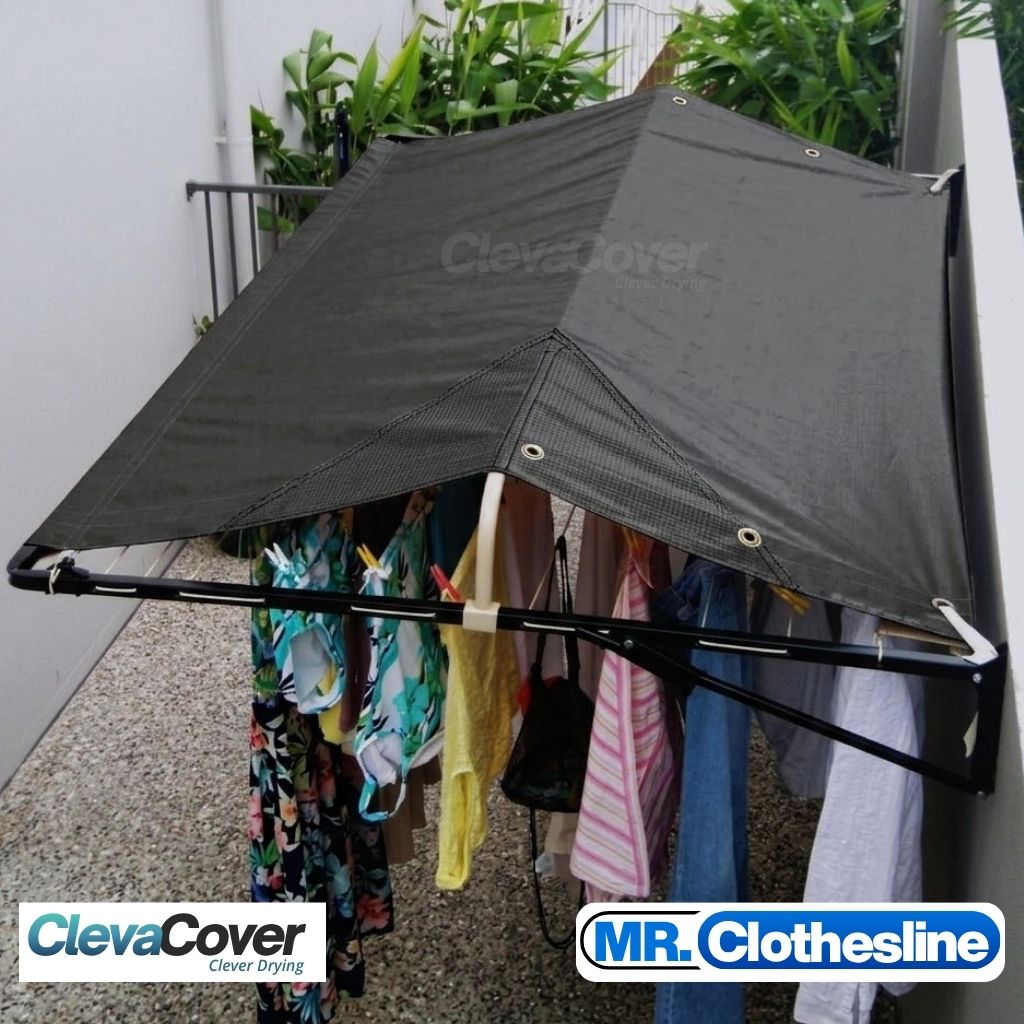ClevaCover on an outdoors fold down clothesline, with washing hanging from the line.