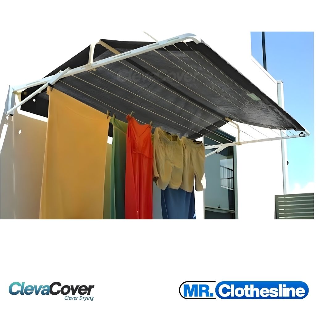 Fold Down Clothesline installed on a rendered wall, the clothesline has washing pegged to the line and has a ClevaCover installed showing the benefit of shade.