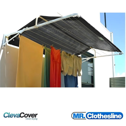 Fold Down Clothesline installed on a rendered wall, the clothesline has washing pegged to the line and has a ClevaCover installed showing the benefit of shade.