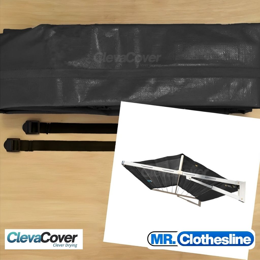 Clothesline Cover and straps with an insert image of the ClevaCover on a clothesline studio image.