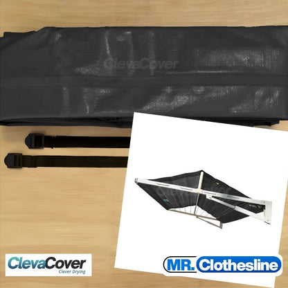 Clothesline Cover and straps with an insert image of the ClevaCover on a clothesline studio image.