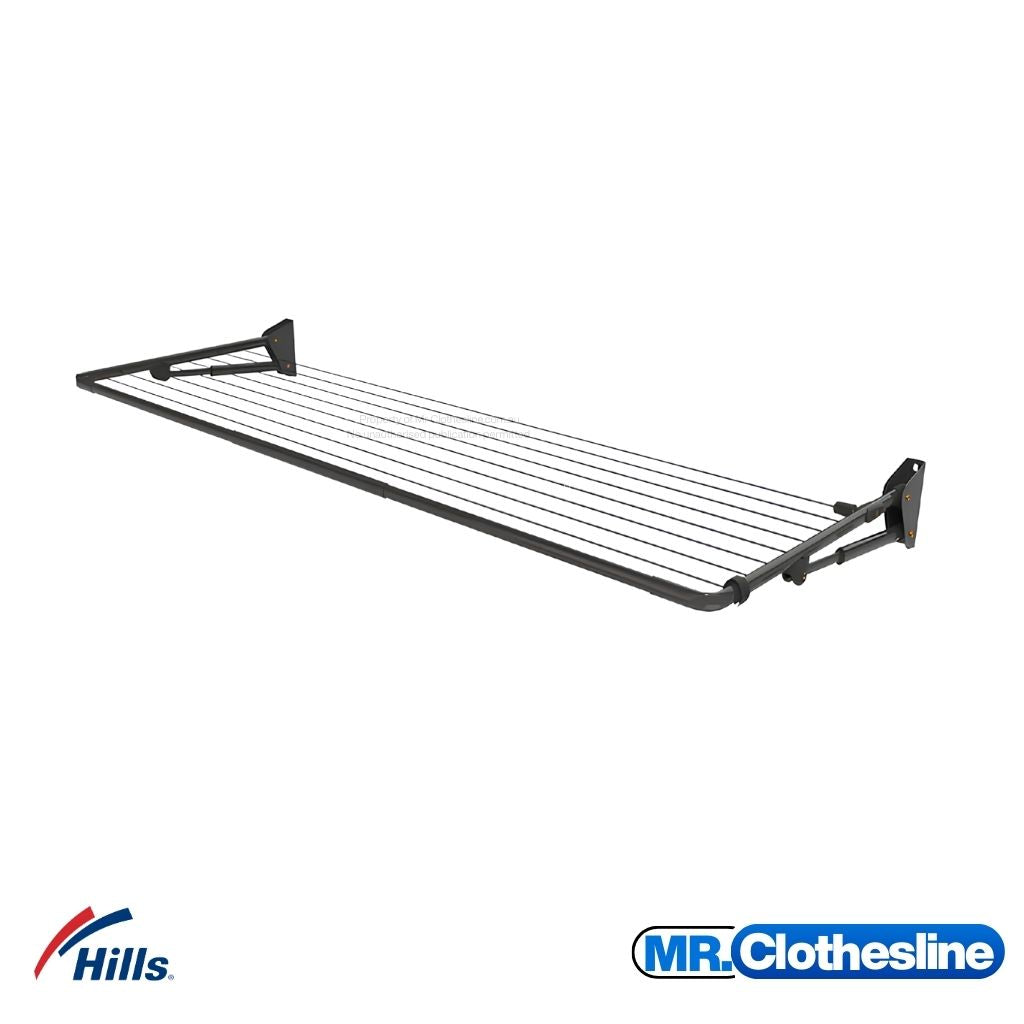 Hills Compact Fold Down Clothesline angle view on white background showing wall bracket, support arms and drying lines. Colour Monument.