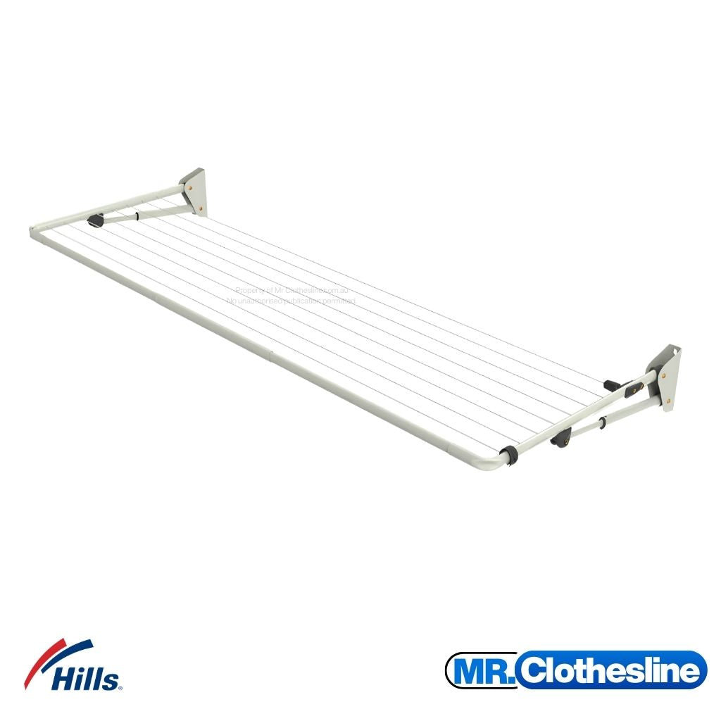 Hills Compact Fold Down Clothesline angle view on white background showing wall bracket, support arms and drying lines. Colour Surfmist.