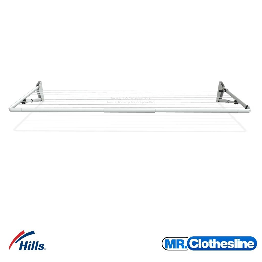 Hills Compact Fold Down Clothesline angle view on white background showing width and depth of the clothesline frame. 