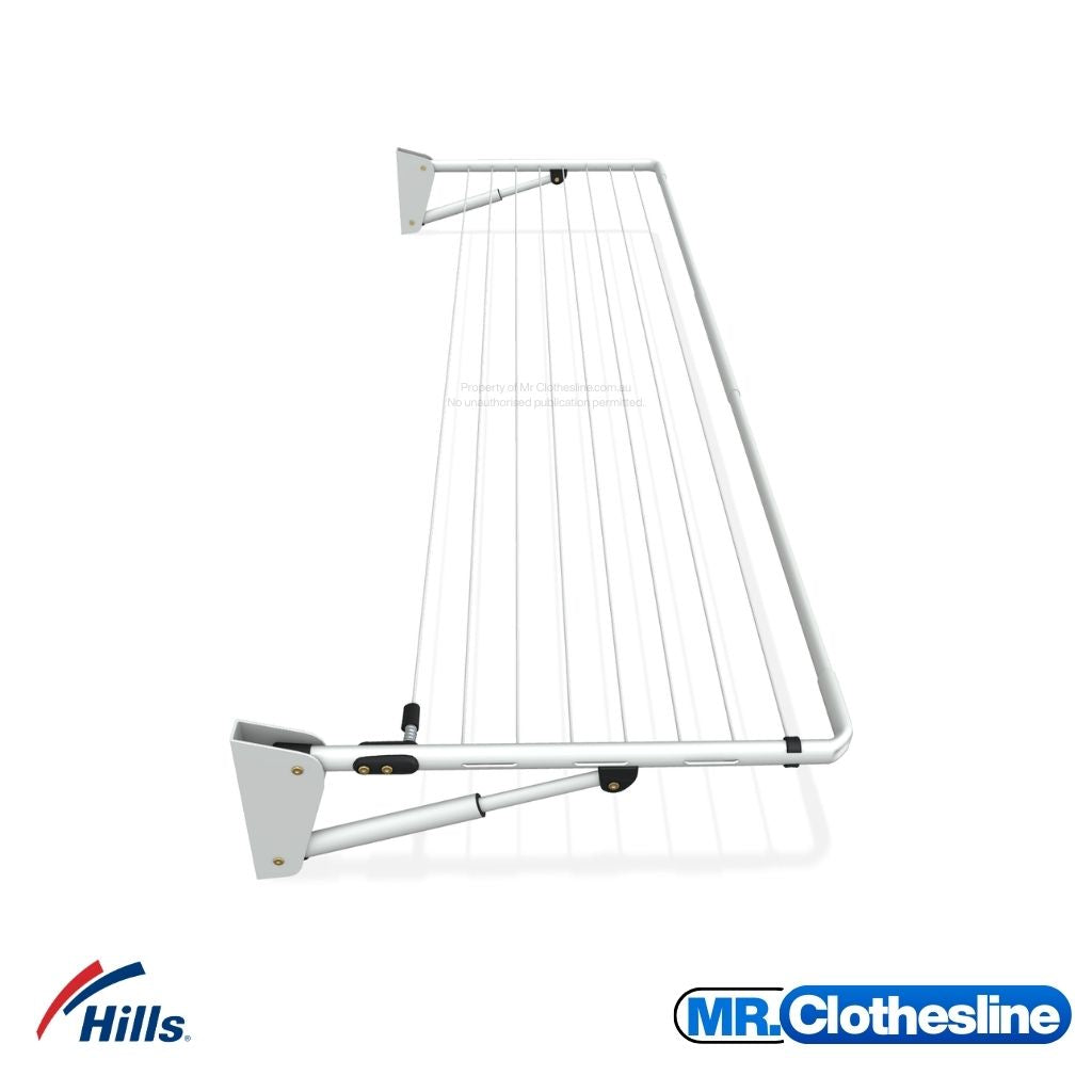 Hills Compact Fold Down Clothesline side view showing folding arm mechanism and wall brackets.