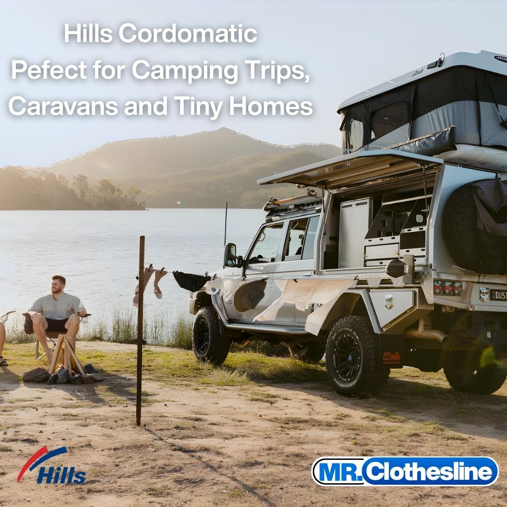 Hills Cordomatic Retractable Clothesline being used on a camping trip.