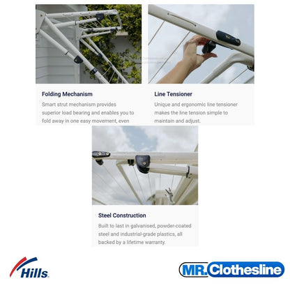 Hills Double Fold Down Clothesline features detail showing folding mechanism, line tensioner and steel construction close-up.