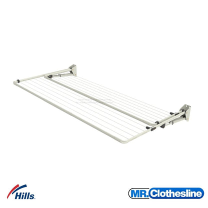 Hills Double Fold Down Clothesline in white shown at angle, featuring two rows of drying lines and dual bracket system.