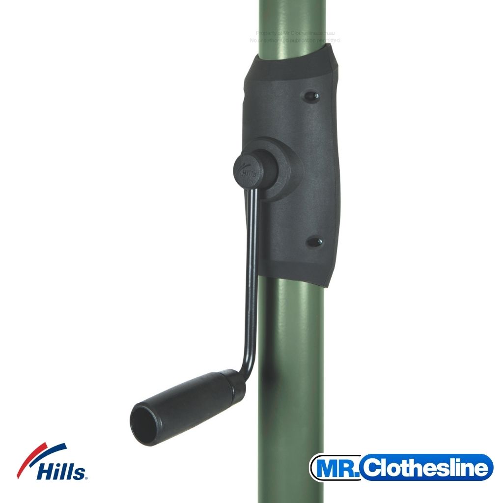 Hills Folding Rotary 6-Line Clothesline winder handle used to raise and lower the rotary head height.