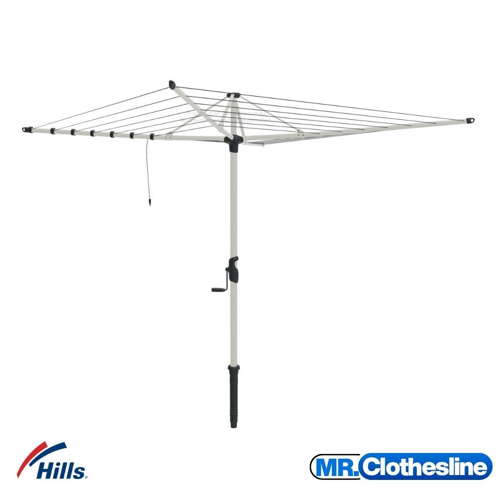 Hills Folding Rotary 7-Line Clothesline fully open on a white background, in the colour Surfmist.