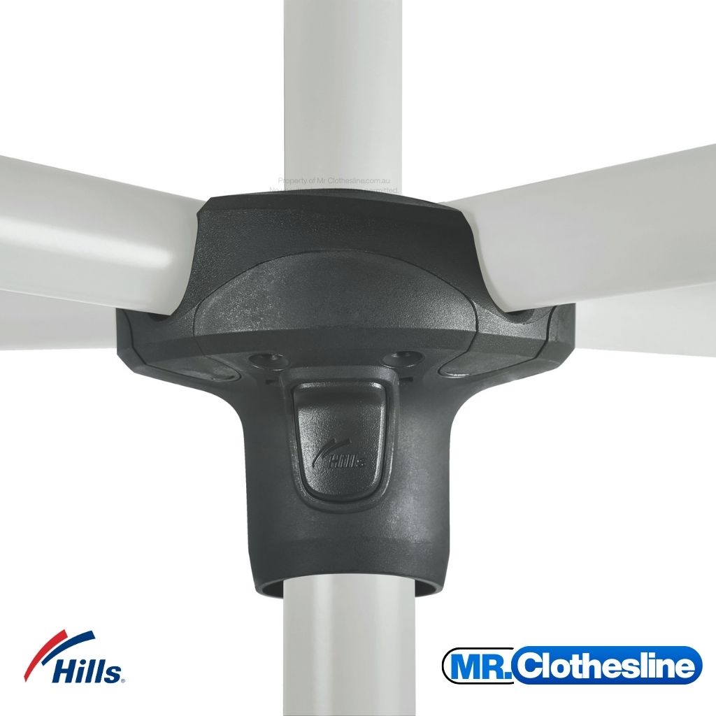 Hills Folding Rotary 7-Line Clothesline rotary head showing the locking/release button.