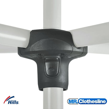 Hills Folding Rotary 7-Line Clothesline rotary head showing the locking/release button.