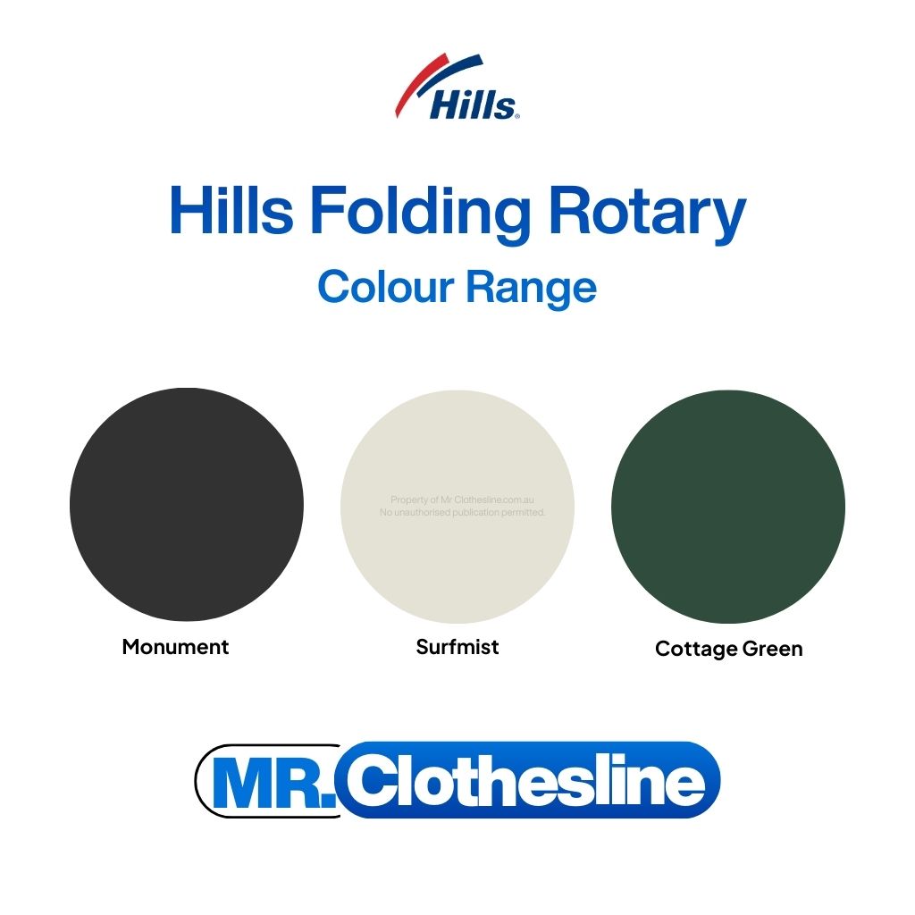 Hills Folding Rotary Clotheslines colour range, Monument, Surfmist Cottage Green.