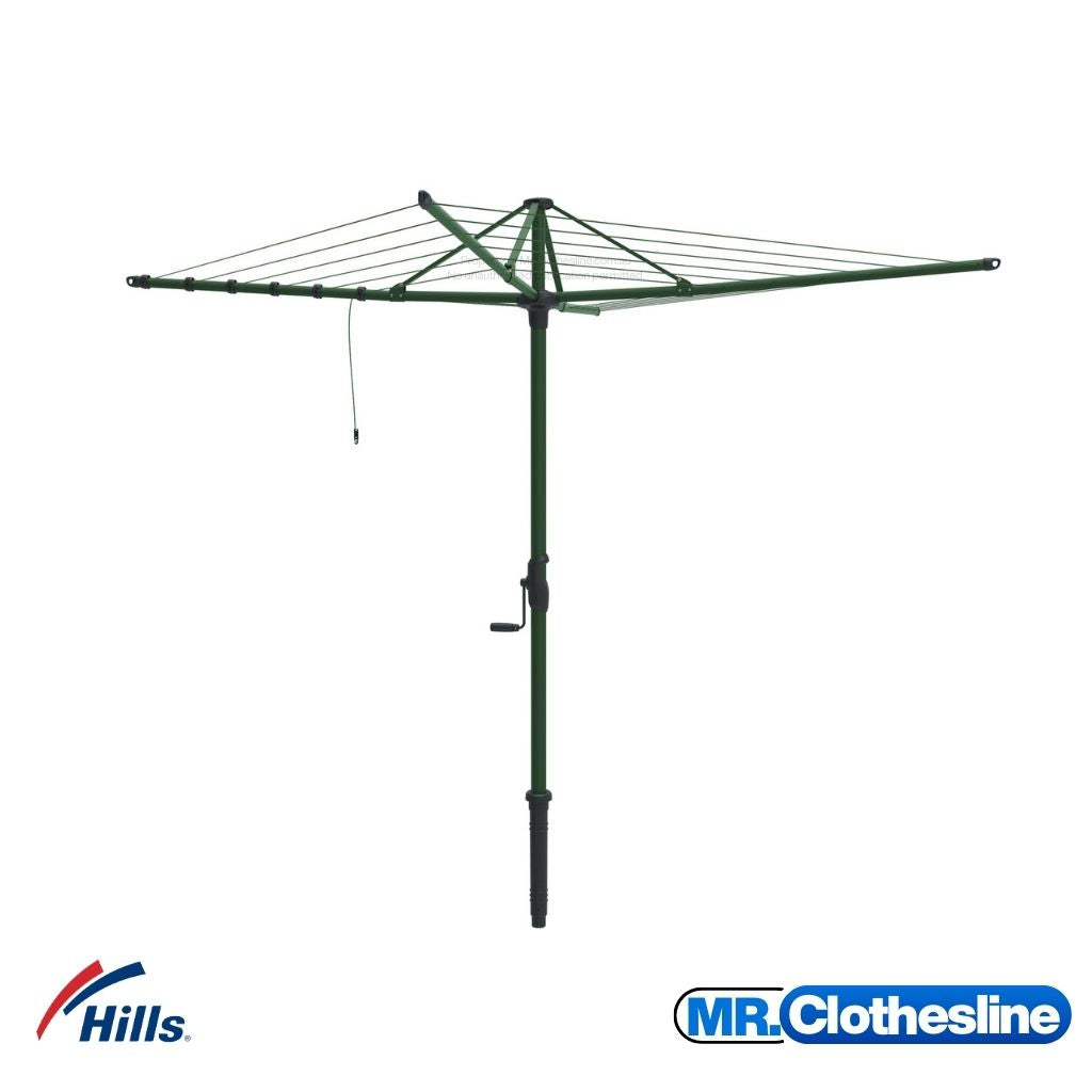 Hills Folding Rotary 6-Line Clothesline fully open, colour Cottage Green on white background