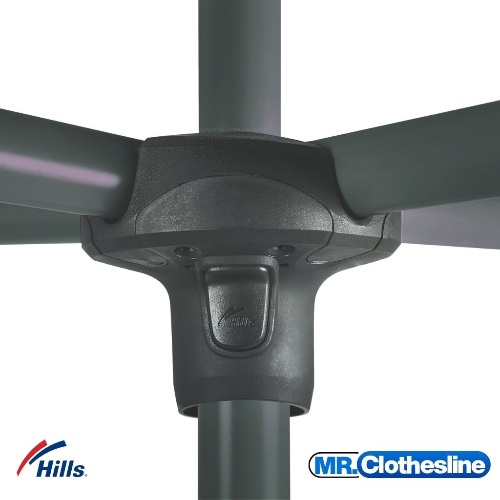 Hills Folding Rotary 8-Line Clothesline rotary head showing the locking/release button.