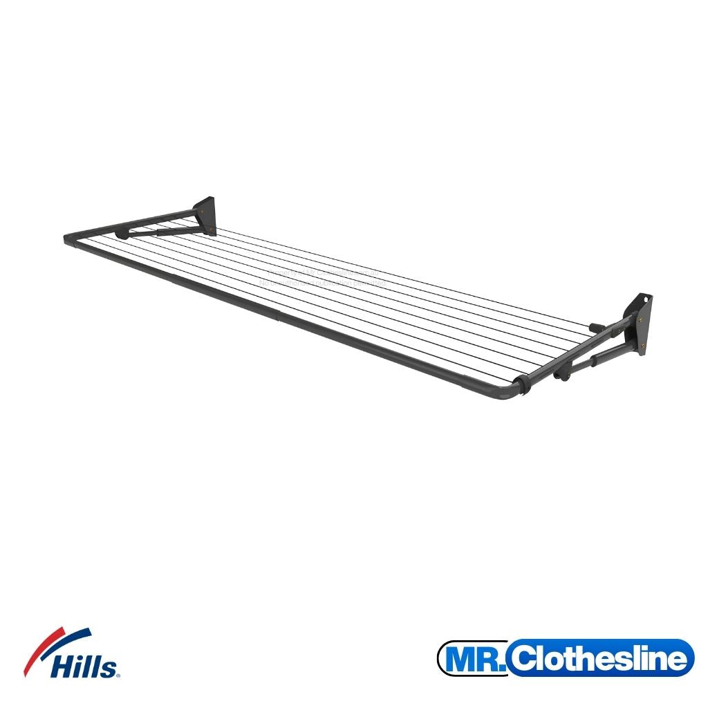 Hills Long Fold Down Clothesline in Monument colour shown at angle highlighting extended drying lines and bracket.