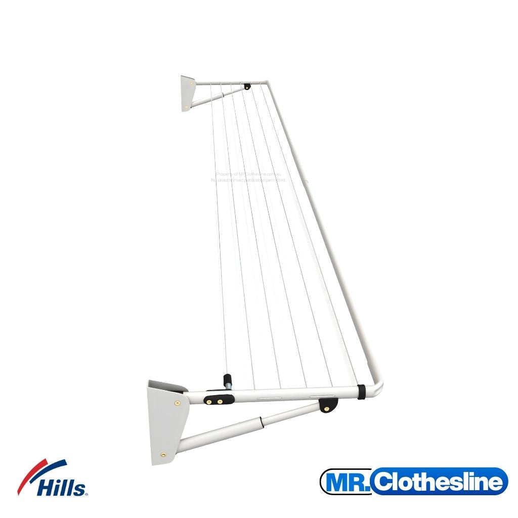 Hills Long Fold Down Clothesline side view showing telescopic strut and wall bracket, fully open frame.