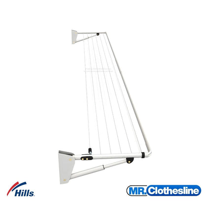 Hills Long Fold Down Clothesline side view showing telescopic strut and wall bracket, fully open frame.
