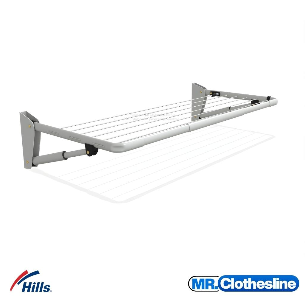 Hills Mini Fold Down Clothesline angle view showing foldingtelescopic strut and drying lines, ideal for small walls and balconies.