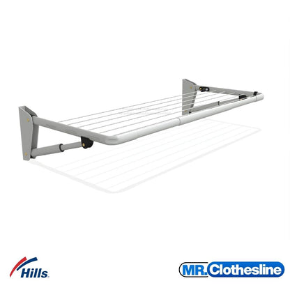 Hills Mini Fold Down Clothesline angle view showing foldingtelescopic strut and drying lines, ideal for small walls and balconies.