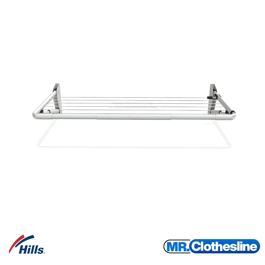 Hills Mini Fold Down Clothesline front view showing multiple drying lines and wall-mounted brackets.