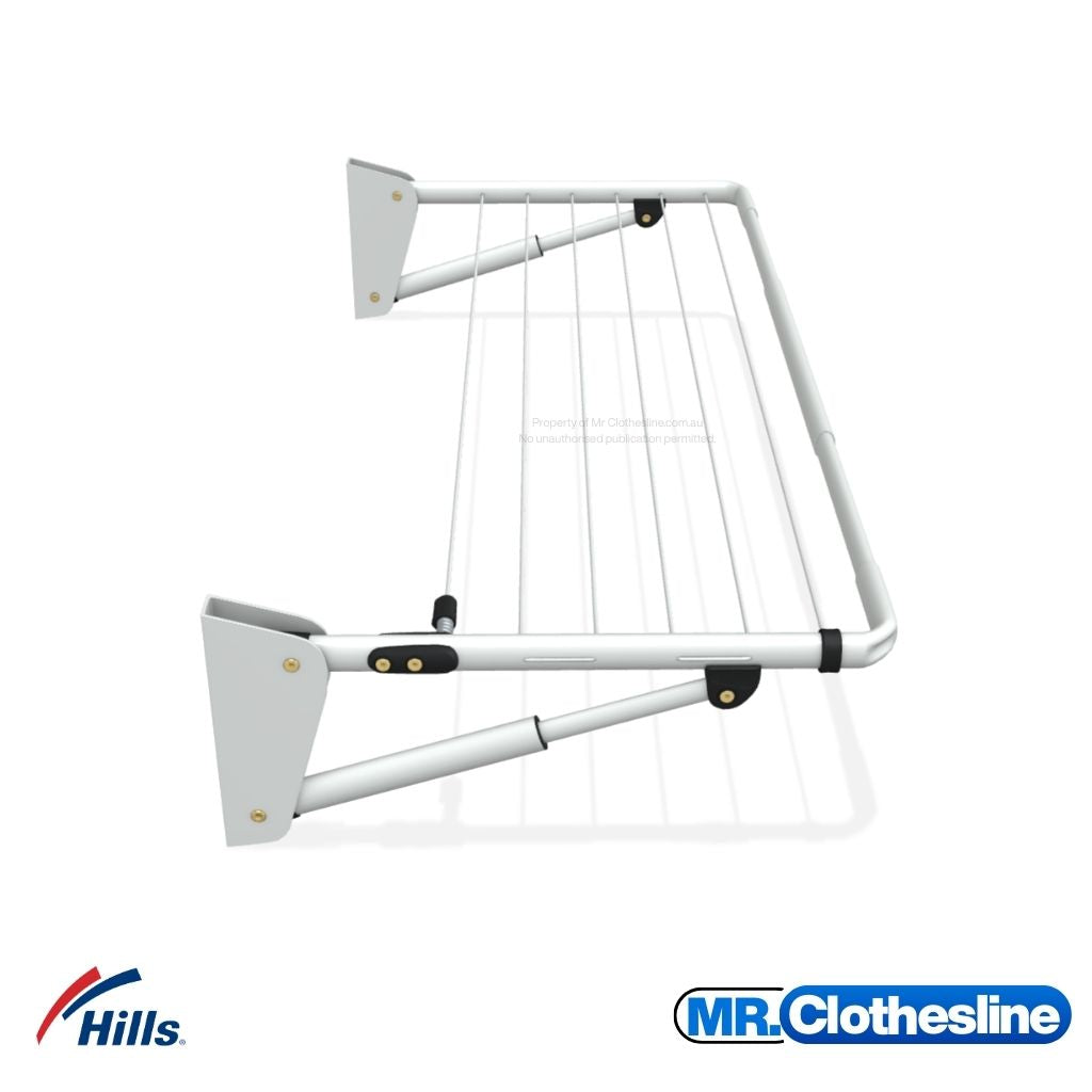 Hills Mini Fold Down Clothesline side view showing both wall brackets and support struts in full detail.