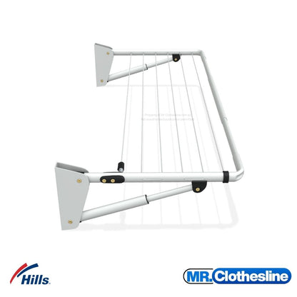 Hills Mini Fold Down Clothesline side view showing both wall brackets and support struts in full detail.