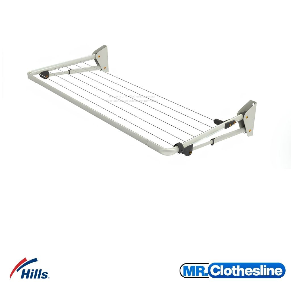 Hills Mini Fold Down Clothesline in white showing angle view with shadow, wall-mounted compact clothesline for small indoor and outdoor spaces.