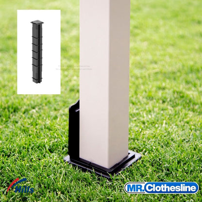Hills Retractable 5-Line Clothesline showing mounting bracket with cabinet attached and receiving bracket on a ground mount post