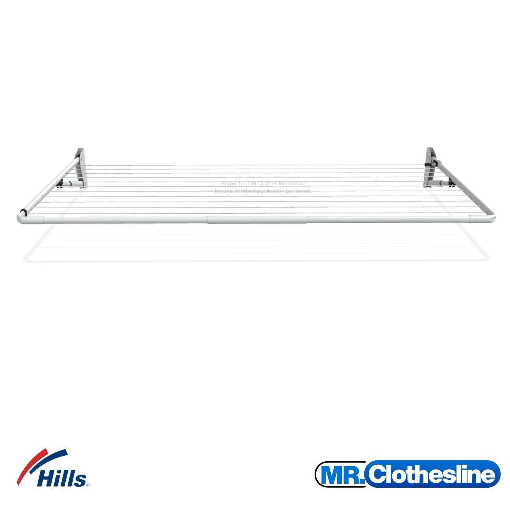 Hills Single Fold Down Clothesline in Surfmist colour front view showing width and depth of fold down frame.