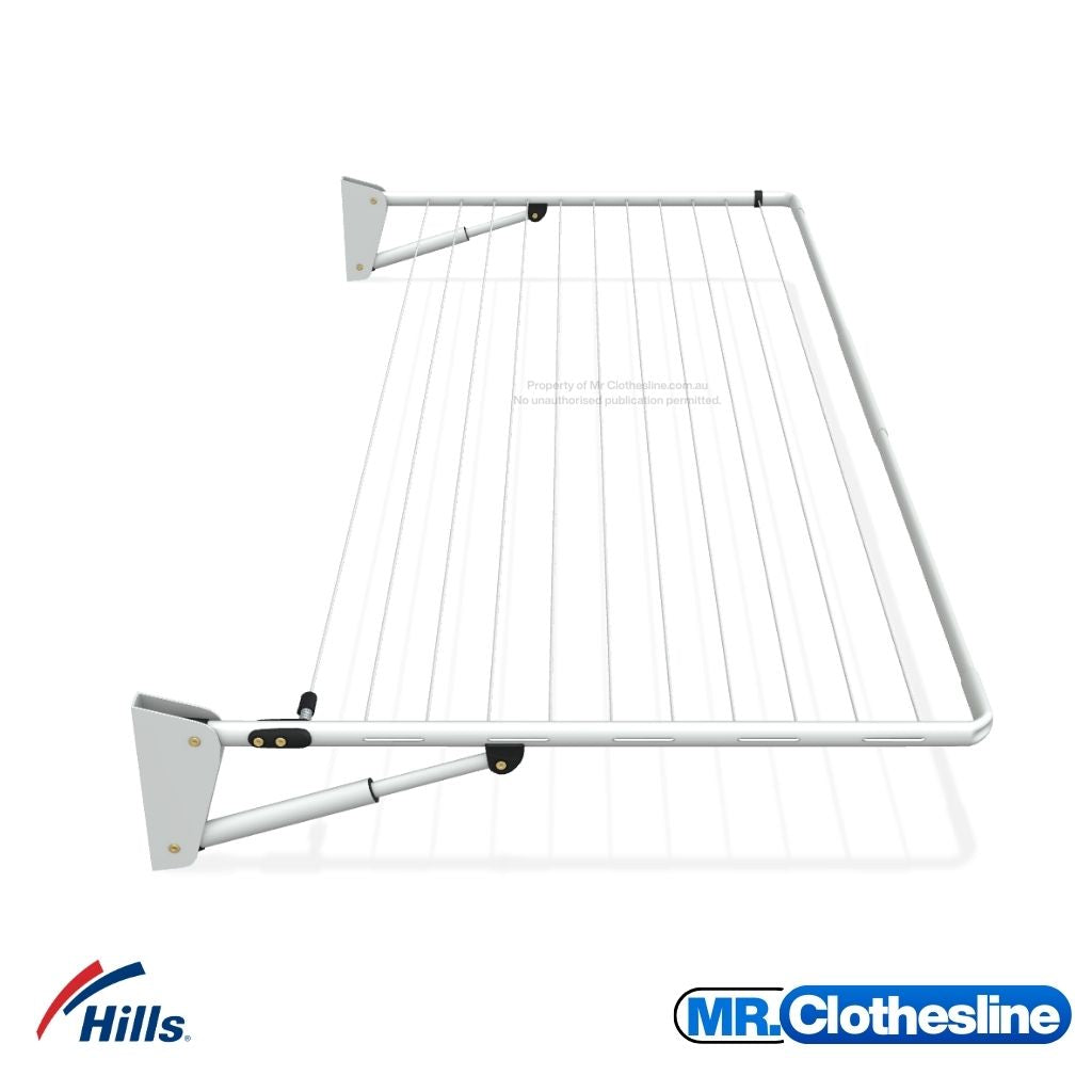Hills Single Fold Down Clothesline in Surfmist side view clearly showing both wall brackets and support struts.