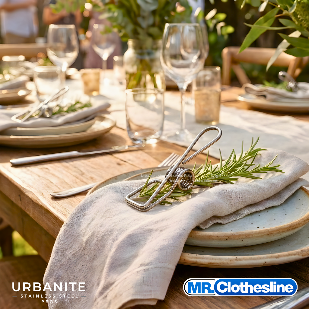 Urbanite stainless steel peg on a dinner table holding rosemary garnish. 