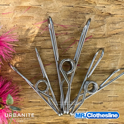 2 regular sized pegs and one large peg stainless steel on timber and bottle brush flowers. Urbanite Living.